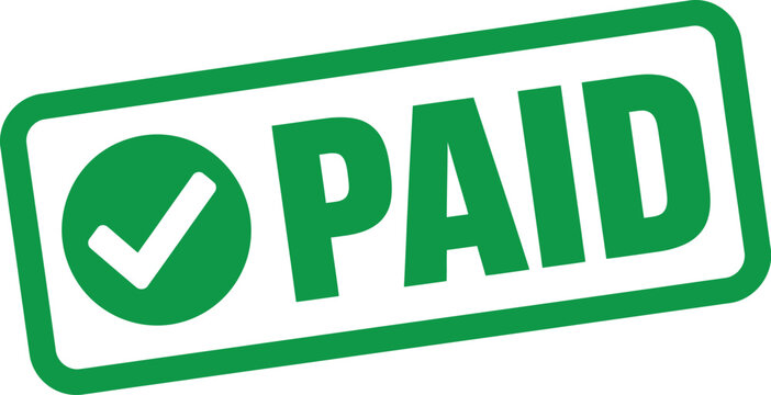 Green paid stamp with check mark icon, rectangular rubber stamp vector, payment confirmation and invoice status sign