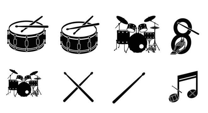 Drum Set Icons and Music Notes Vector Set