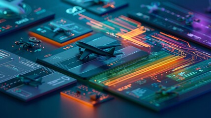 Fototapeta premium Futuristic airport operations dashboard with focused aircraft and drone icons dynamic data streams in clean neon gradients highlighting smart runway traffic flow in detailed 3D