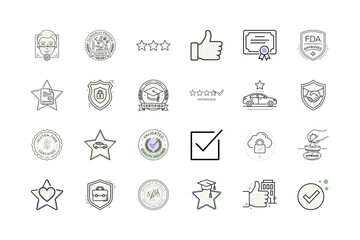 Fototapeta premium Certification line icons or Approved verification outline graphic symbols