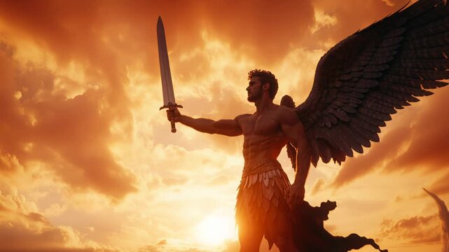 angel warrior holding glowing sword amid fiery cloudscape, towering wings spread, golden armor reflecting inferno light, cinematic dramatic mood, guardian
