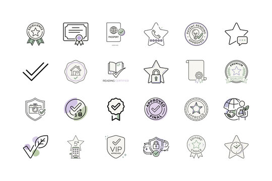 Approved Verification Line Icons or Approval Sign Badge Vector Collection
