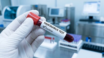 Naklejka premium Medical professional holding a blood sample tube labeled hantavirus test