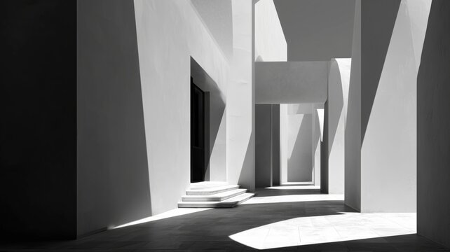 白い壁の建築物の通路が写っている。光と影のコントラストが美しい建築デザインの素材。