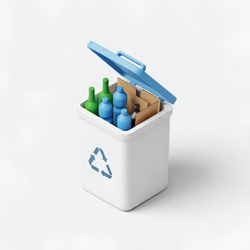 recycling bin with bottles and cardboard isolated on transparent background