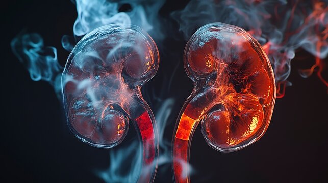 This artwork showcases a pair of human kidneys, illuminated in bright red and blue hues. Smoke surrounds the organs, creating an ethereal and dynamic effect that symbolizes vitality and health