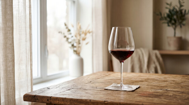 Red wine in a glass sitting on a small fabric coaster upon a rus