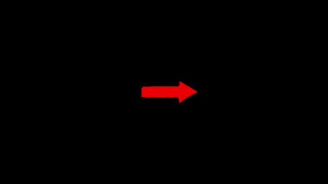 Red right arrow icon animation on black background. Straight arrow pointing to the right moving animation with danger effect and alpha channel.