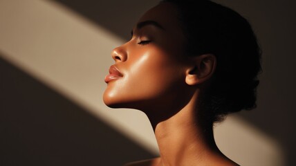 Fototapeta premium 横顔の女性が光を浴びて目を閉じている様子。美容やスキンケアのイメージに適したポートレート素材
