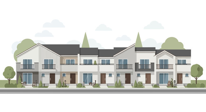 Modern Townhouses Row: Contemporary Residential Architecture with Clean Lines and Greenery