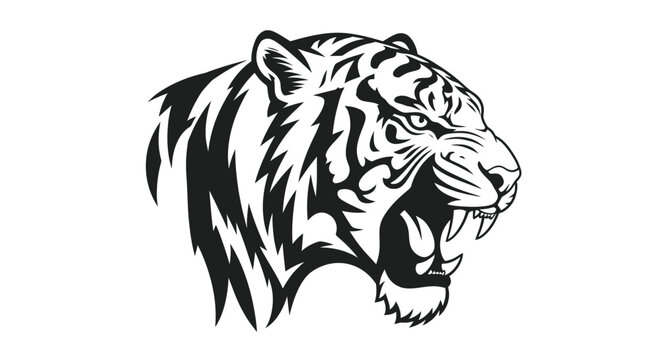 Fierce Tiger Head Roaring, Black and White Tribal Tattoo Style Graphic