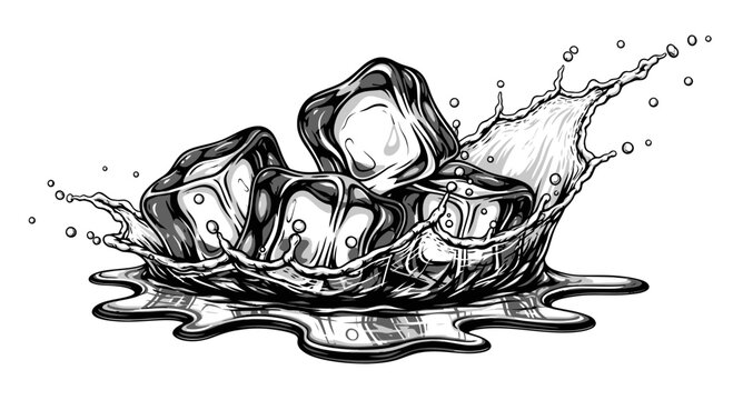 Ice Cubes Splashing Water Black and White Illustration