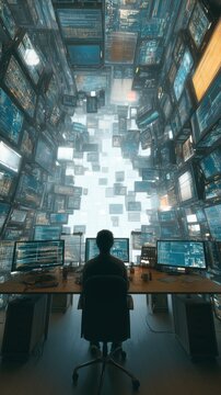 複数のモニターに囲まれてプログラミング作業をする人物。未来的なIT環境やデータ解析シーンに適したイメージ