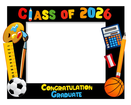 Creative photo booth design for Class of 2026. Congratulation Graduation photo frame for class of 2026 album design. Vector illustration