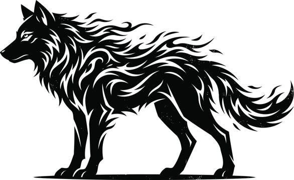Stylized Wolf Silhouette: Tribal Black Flame Wolf Graphic Illustration Standing Profile