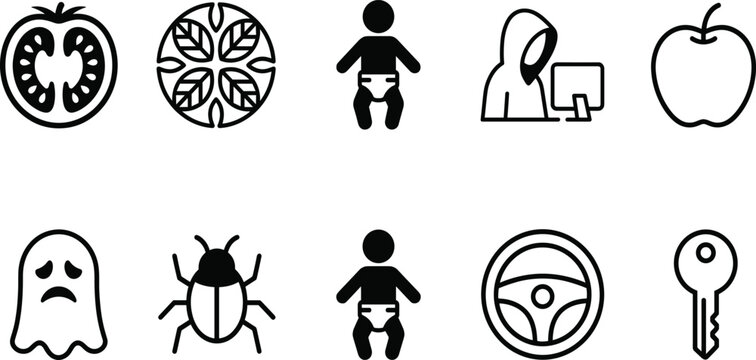 Versatile black and white icon collection featuring organic food baby silhouette hacker ghost beetle steering wheel and key symbols