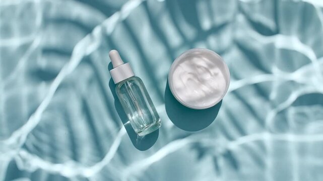 Bottle with for serum, oil, emulsion and reflections sunlight in slow motion. Drop shadow effect with wave refraction of light. Sun and shadows. Layout for advertising goods, cosmetic products. 4k