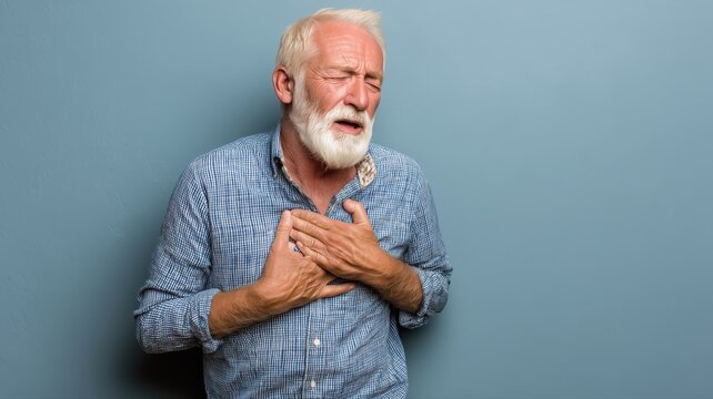胸に手を当てて苦しそうな表情の高齢男性。健康や病気のイメージに使えるシーン