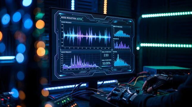 Monitor displaying audio analysis data with colorful waveforms and charts in a dimly lit environment computer monitor data visualization