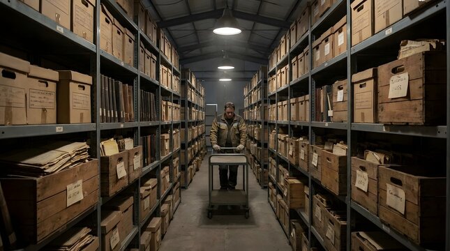 Person in a long warehouse aisle filled with shelves of archived boxes storage facility storage unit storage space storage room storage area
