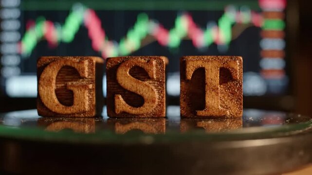 wooden blocks with gst letters spelling goods and services tax with stock market graph background, financial concept