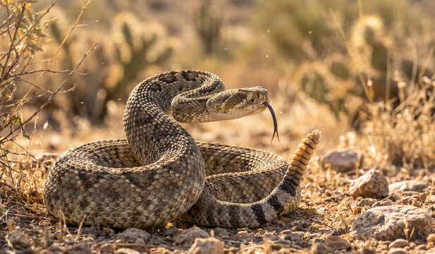 RATTLESNAKE COILED IN A CURVED POSE WITH FORKED TONGUE EXTENDED, DETAILED SCALES AND NATURAL DESERT REPTILE WILDLIFE 