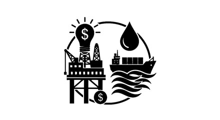 Fototapeta premium Minimal black silhouette icon, simple flat vector, bold black shape, no, no shading oil and gas industry icon with offshore platform and tanker ship on a, flat icon style