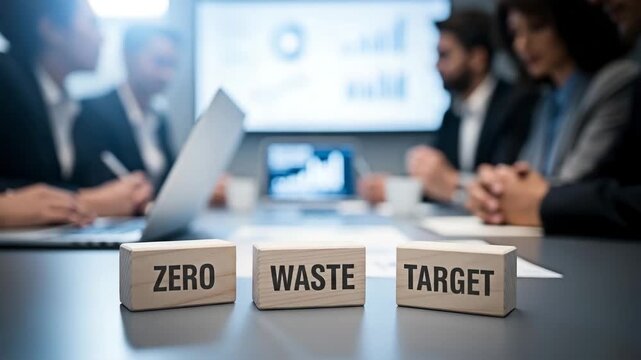 Three wooden blocks with the words ZERO WASTE TARGET in focus on a meeting table with blurred people in the background, symbolizing environmental goals in business.