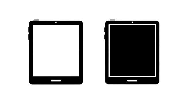Minimal black silhouette icon, simple flat vector, bold black shape, no, no shading set of two tablet computer icons with blank screens on a, flat icon style