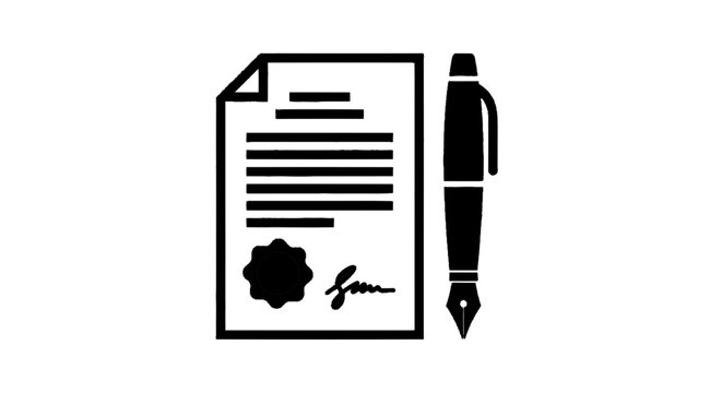Minimal black silhouette icon, simple flat vector, bold black shape, no, no shading contract document with a fountain pen icon on a, flat icon style