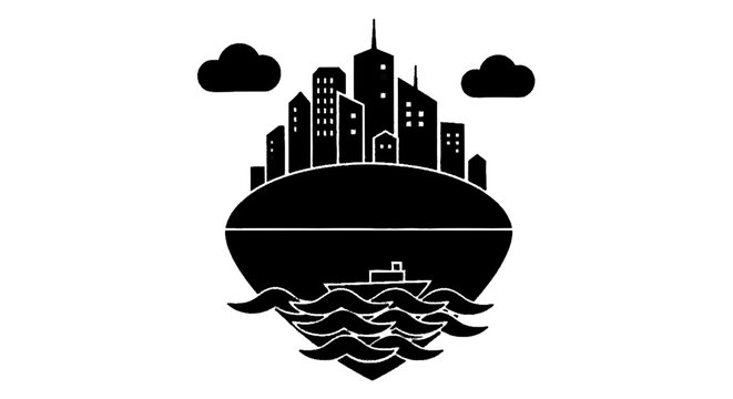 Minimal black silhouette icon, simple flat vector, bold black shape, no, no shading city skyline on a floating island with a ship sailing on the sea below on a, flat icon style