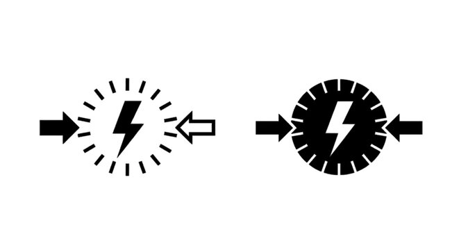 Minimal black silhouette icon, simple flat vector, bold black shape, no, no shading set of two lightning bolt icons with arrows indicating pressure or impact on a, flat icon style