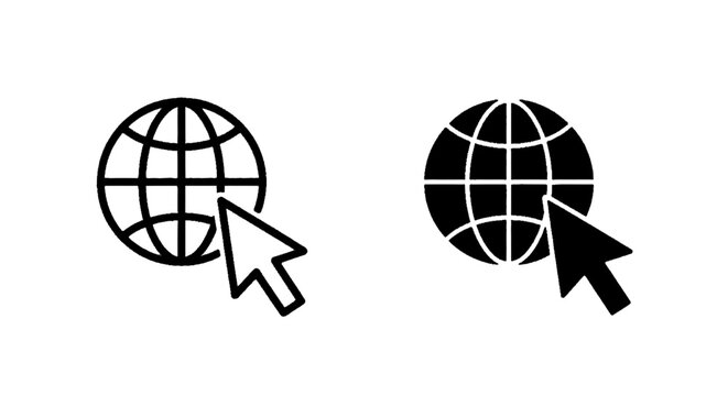 Minimal black silhouette icon, simple flat vector, bold black shape, no, no shading set of globe icons with computer mouse cursor arrow on a, flat icon style
