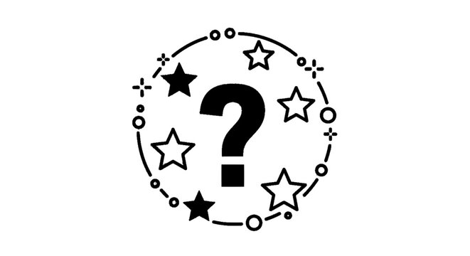 Minimal black silhouette icon, simple flat vector, bold black shape, no, no shading question mark icon inside a circle with stars, decorative vector element on a, flat icon style
