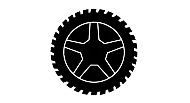 Minimal black silhouette icon, simple flat vector, bold black shape, no, no shading black silhouette of an offroad car tire with a fivespoke wheel rim on a, flat icon style