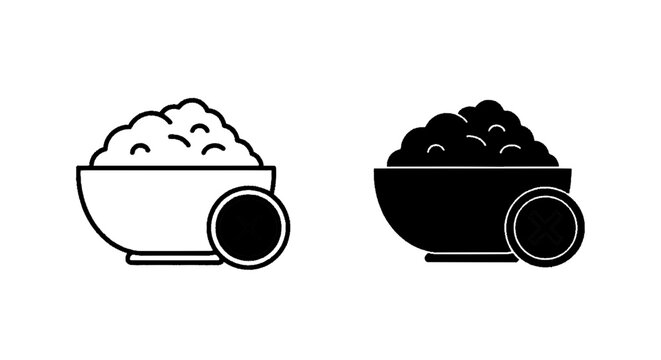 Minimal black silhouette icon, simple flat vector, bold black shape, no, no shading bowl of rice or porridge icon with a cross mark, food restriction symbol on a, flat icon style