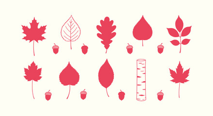 Various red autumn leaf silhouettes with acorns and birch tree log icon set for nature design. © Salma