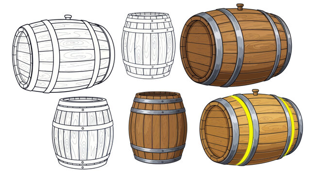 Wooden Barrels Collection: Vintage & Modern Styles, Sketch & Realistic