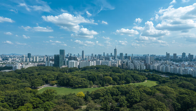 晴れた昼の東京で高層ビルと緑の公園が広がる都市風景