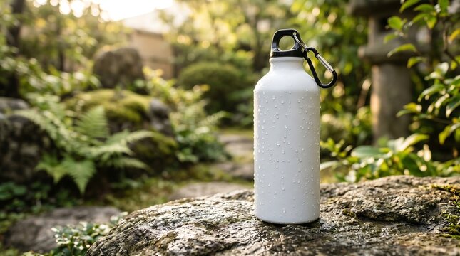 Blank white reusable water bottle mockup in a lush outdoor garden