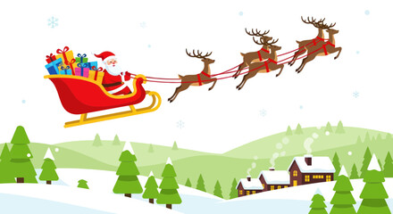 Santa Claus flying in sleigh with reindeer over snowy village, Christmas holidays © Eliy