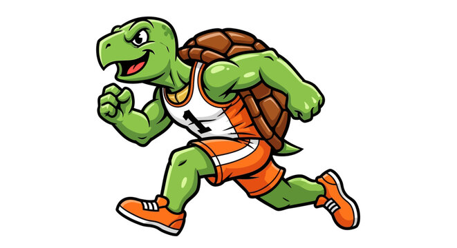 determined running turtle mascot cartoon character in athletic number one jersey sprinting dynamically on white background.