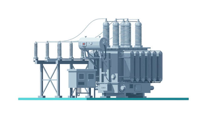 modern electrical transformer and power substation illustration depicting energy infrastructure electricity distribution and industrial equipment.