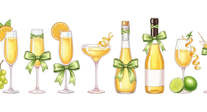 festive seamless border with elegant champagne glasses and refreshing cocktails adorned with citrus and green bows.