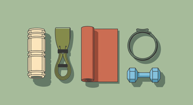 fitness equipment and essential exercise gear featuring a yoga mat resistance band foam roller pilates ring and dumbbell arranged for home workout and wellness.