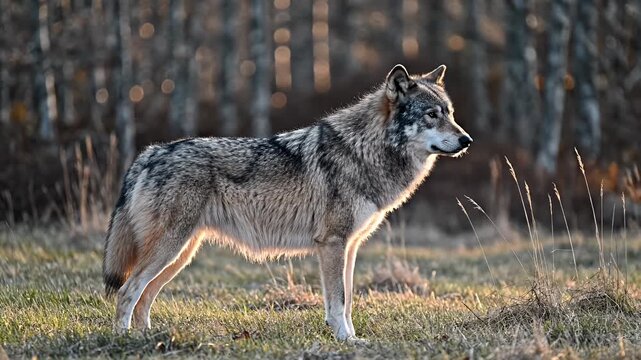 Majestic wolf standing in natural habitat illuminated by sunlight
