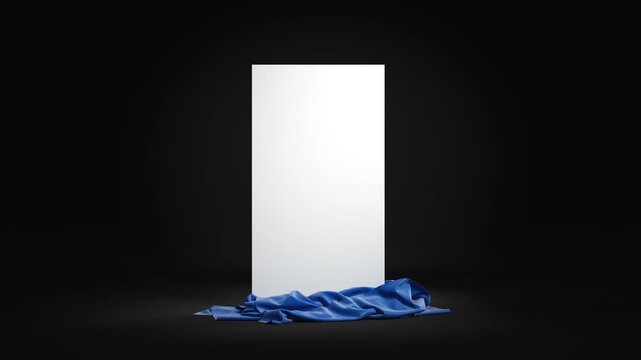 Blue cloth unveiling a blank white presentation board. Empty podium covered with blue cloth. Isolated with luma matte