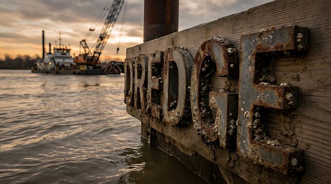 Weathered dredge sign by river with crane barge at sunset.