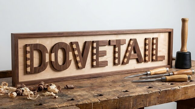 Woodworking dovetail sign with hand tools on rustic bench.