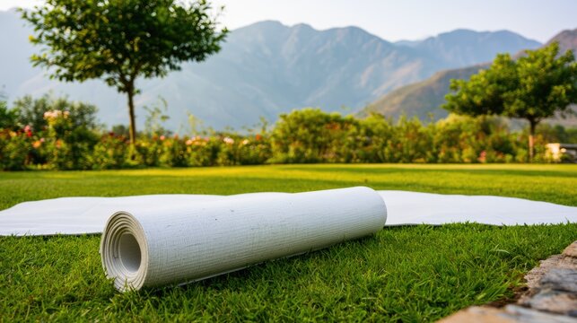 Rolled White Landscaping Fabric on Green Lawn with Mountain View